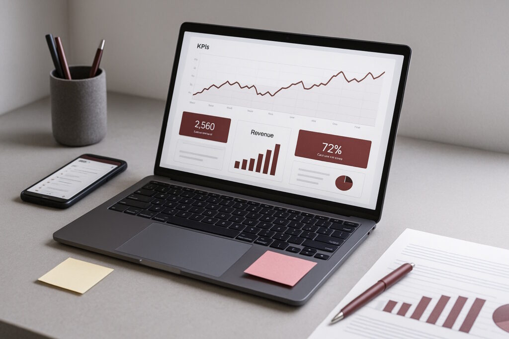 Laptop displaying an analytics dashboard beside a smartphone and notepad on a clean desk. Analytics Tracking Setup