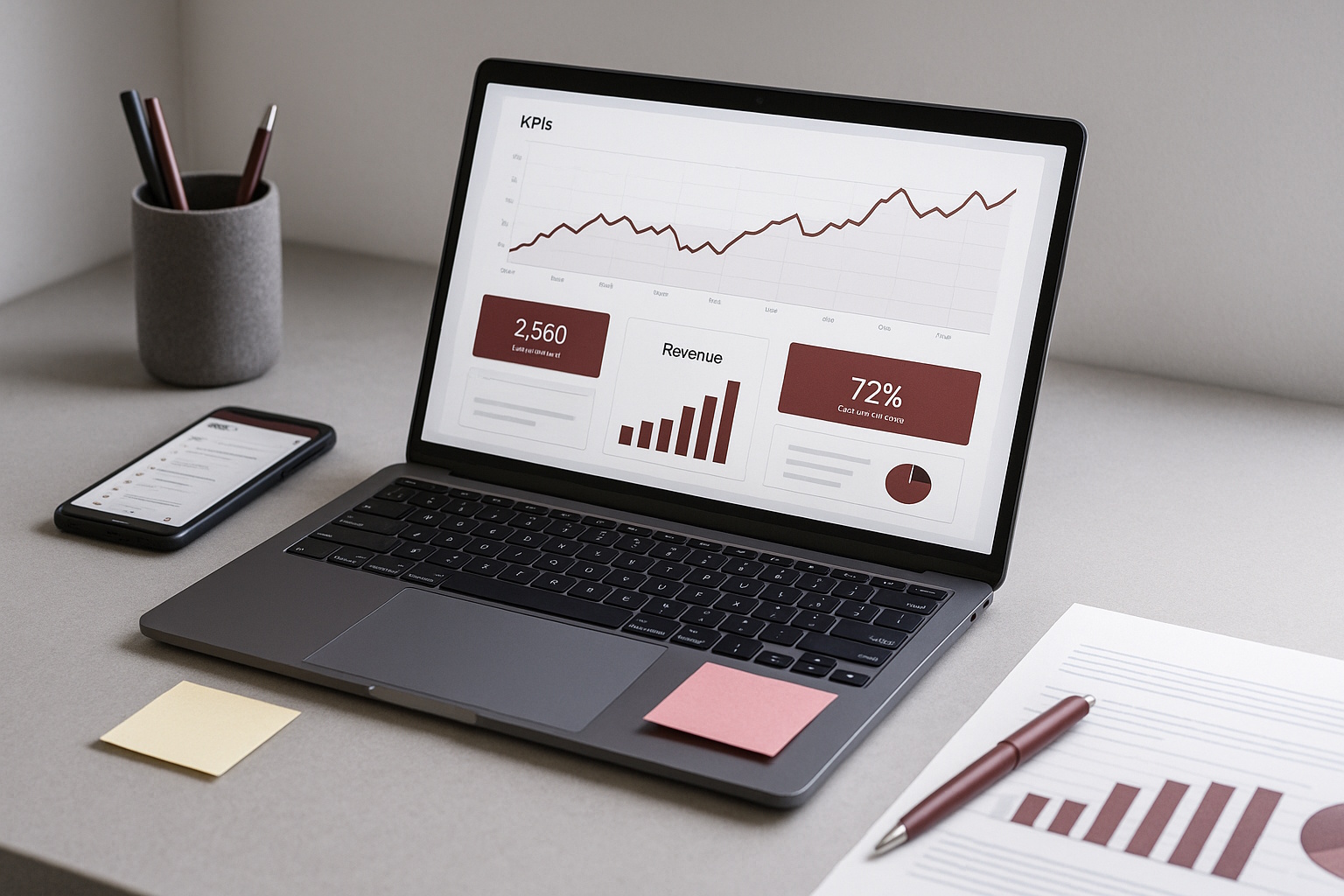 Laptop displaying an analytics dashboard beside a smartphone and notepad on a clean desk. Analytics Tracking Setup